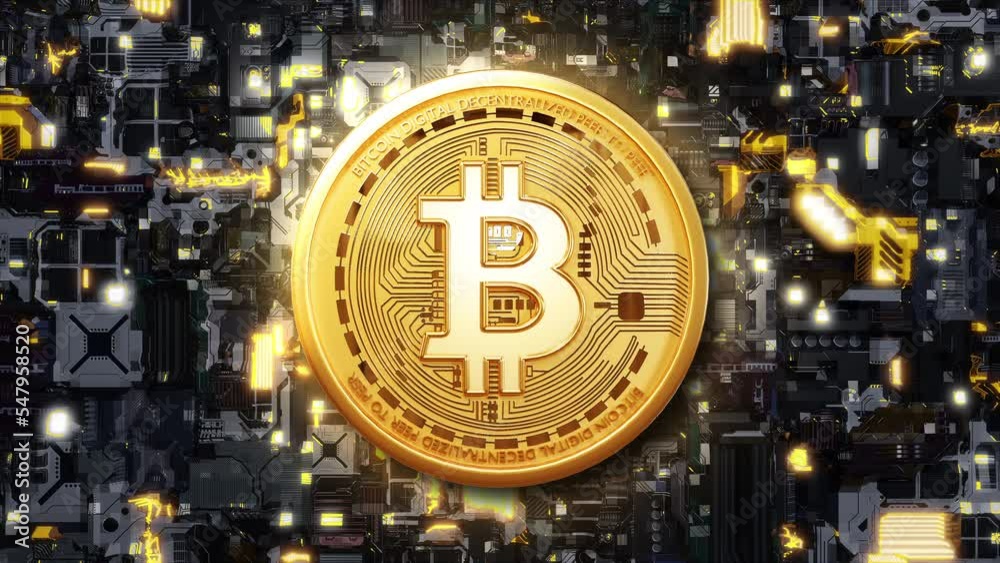 Golden bitcoins standing on circuit board, cryptocurrency concept. digital background.Golden coin with icon letter Mining or blockchain technology 3D rendering Golden bitcoins standing on circuit board, cryptocurrency concept. digital background.Golden coin with icon letter Mining or blockchain technology 3D rendering