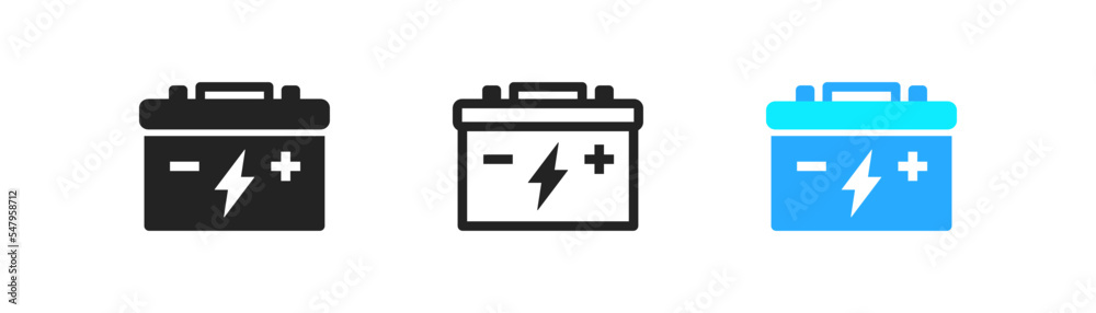 Car battery icon on white background. Automobile accumulator. Charging symbol. Electric vehicle batteries sign. Auto electrical power supply. Simple flat design. Car battery icon on white background. Automobile accumulator. Charging symbol. Electric vehicle batteries sign. Auto electrical power supply. Simple flat design.