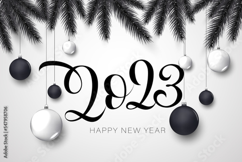 happy new year background 2023 with lettering numbers, handwritten style and green christmas tree