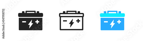 Car battery icon on white background. Automobile accumulator. Charging symbol. Electric vehicle batteries sign. Auto electrical power supply. Simple flat design.