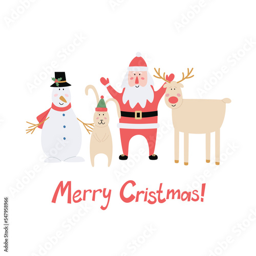 Christmas card design with cheerful holiday characters. Winter holiday design for postcards, paper prints, web banners.