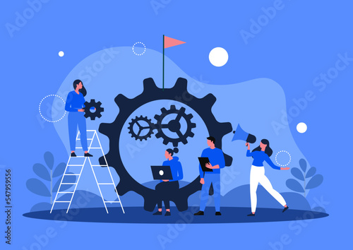 Business and teamwork concept of vector illustration  little people links of mechanism  business mechanism  people are engaged in business promotion  strategy analysis.