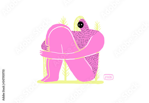 Hand drawn cartoon character. Comic style. Digital illustration. Naive drawing. Doodle art. Figurative doodling. Freehand. Pop and pink sitting human. Crazy character design. photo