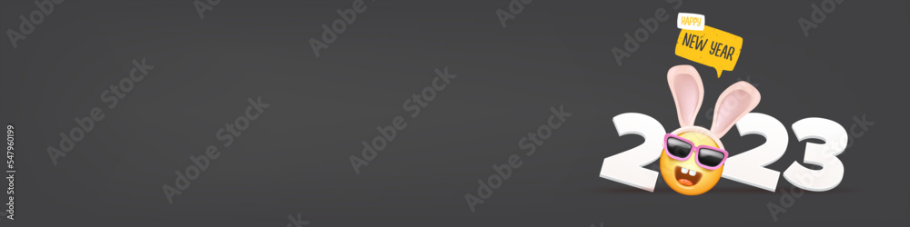 2023 Happy new year horizontal banner with funny smile face with rabbit ears and sunglasses isolated on grey background. 2023 new year banner, poster, flyer, cover with funny cute rabbit 2023 Happy new year horizontal banner with funny smile face with rabbit ears and sunglasses isolated on grey background. 2023 new year banner, poster, flyer, cover with funny cute rabbit