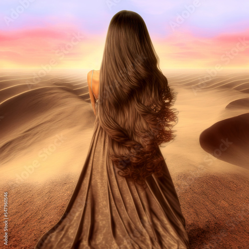 one beautiful woman with fight long hair from back at desert with layers of sand dunes at sunset with brown dress generative ai