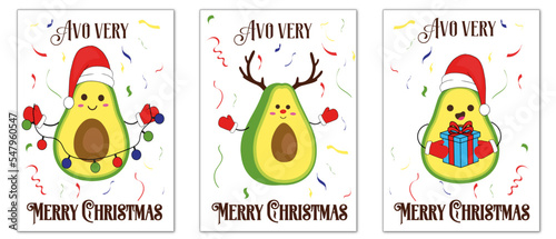 set of cute christmas and happy new year greetings card with avocado