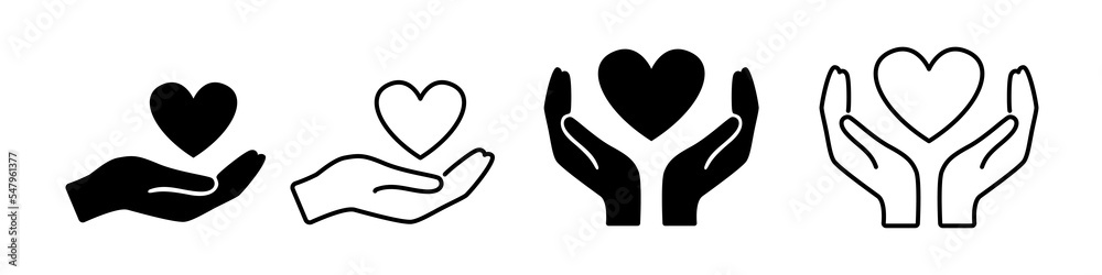 Set of heart icons in hand. Hands holding a heart icon. Love icon. Health care hands holding a heart flat and line style. Vector EPS 10 Set of heart icons in hand. Hands holding a heart icon. Love icon. Health care hands holding a heart flat and line style. Vector EPS 10