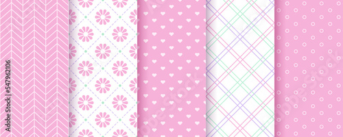 Scrapbook seamless pattern. Pastel pink backgrounds. Set girly prints. Textures with polka dot, hearts, flowers and plaid. Cute wrapping paper. Retro scrap design. Vector illustration. Trendy frames