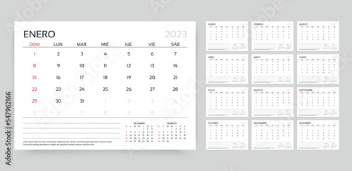 2023 Spanish calendar. Planner template. Week starts Sunday. Calender layout with 12 month. Desk schedule grid. Yearly table organizer. Horizontal monthly diary with pages. Vector simple illustration photo