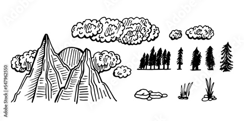 Mountain pines trees sky landscapes hand drawn vector illustrations