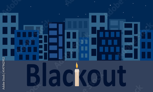 Blackout city vector illustration. Inscription blackout with candle on dark background.