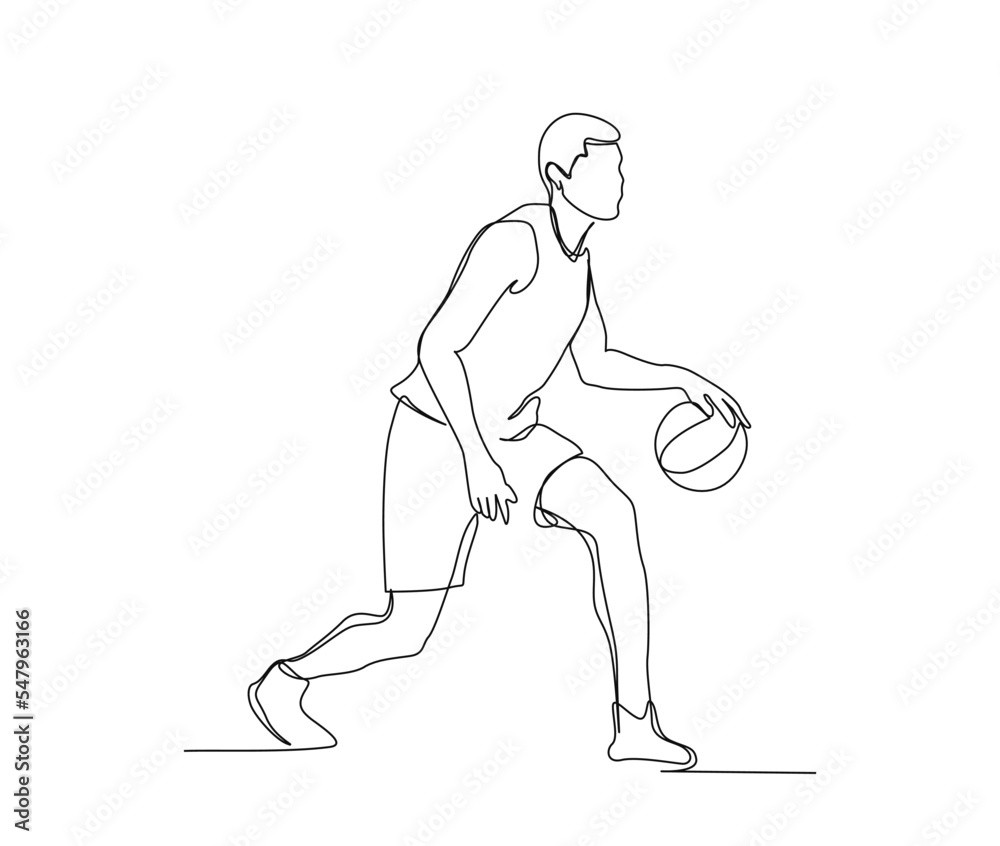 Continuous Line Drawing Of Basketball Player In Action. Basketball 