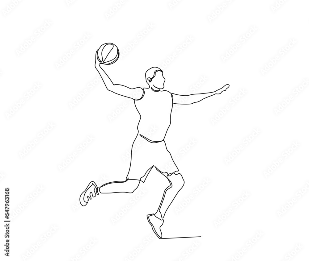 Continuous line drawing of basketball player in action. Basketball player trowing ball simple line art with active stroke.  Florist concept.