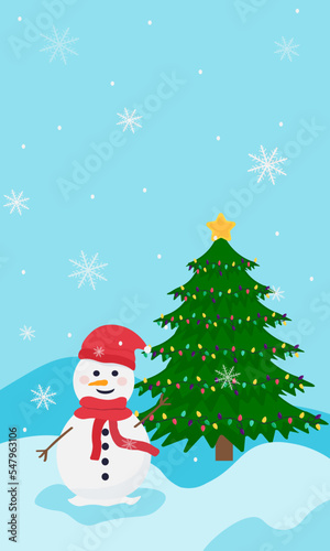 A cute cartoon snowman in a red hat and scarf stands near the fir tree. Winter vector illustration on a blue background with snow.