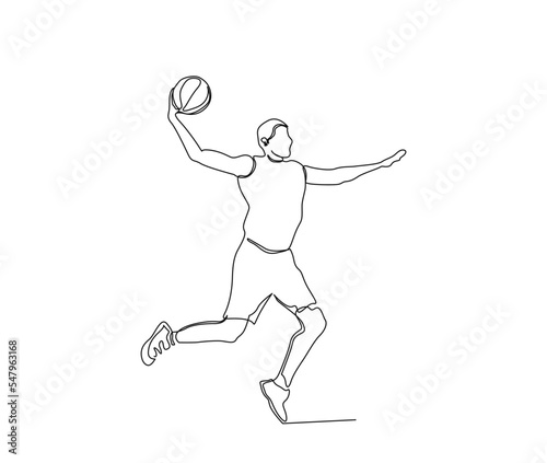 Continuous line drawing of basketball player in action. Basketball player trowing ball simple line art with active stroke.  Florist concept.