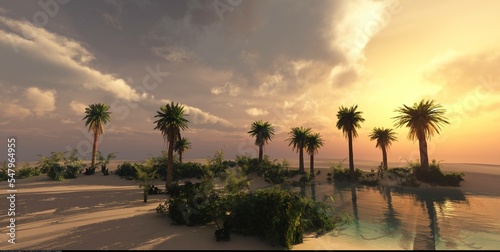 Oasis  body of water in the desert  palm trees and water in the sand desert  sunset over a dune with a palm tree  3d rendering