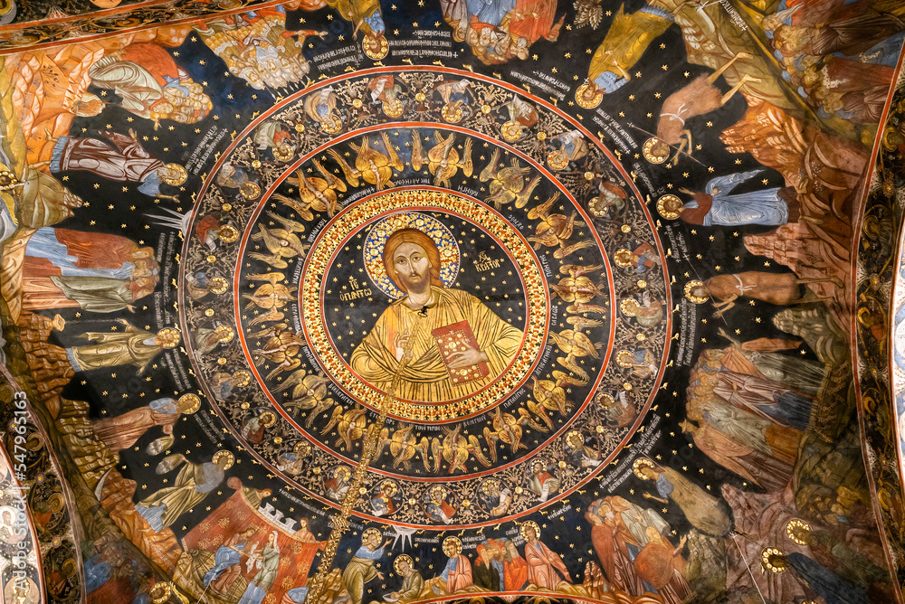 view of the painted mural on the ceiling of the Church of the Archangels in the Bachkovo Monastery