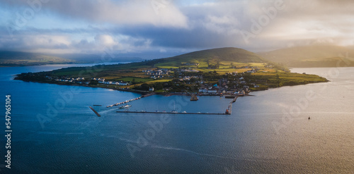 drone view: Panorama of the Valentia island during sunset, Ireland.
