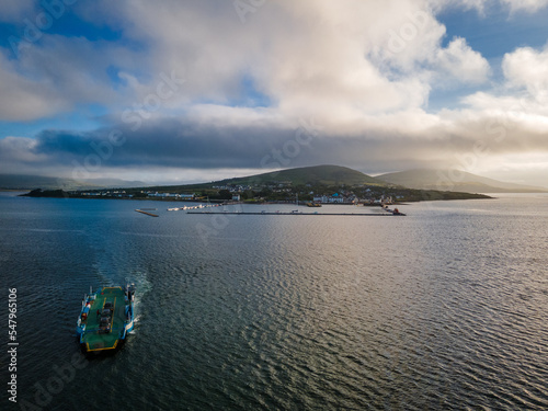 Aerial landscape of Valentia island with ferry, Ireland