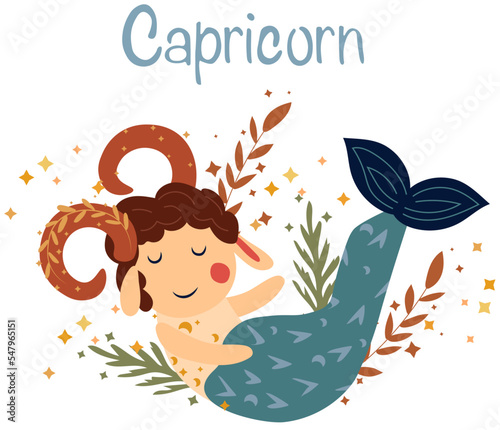 Capricorn astrological sign. Funny Zodiac sign with colorful leaves and stars around. Capricorn perfect for posters, logo, cards. Vector illustration.