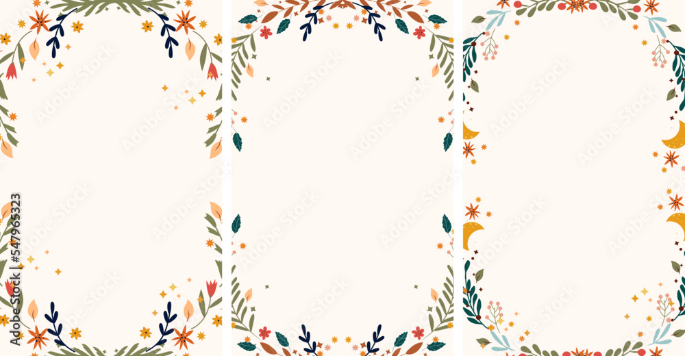 Bright floral border with colorful flowers, leaves, moon and stars around. Vintage floral frame Perfect for greeting cards, poster, postcard, banner. Vector illustration.
