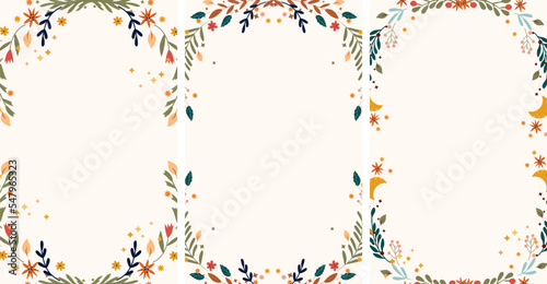 Bright floral border with colorful flowers  leaves  moon and stars around. Vintage floral frame Perfect for greeting cards  poster  postcard  banner. Vector illustration.