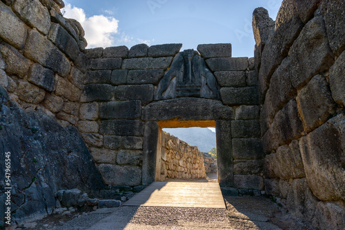 view of the Lion Gate entrance portal at the ancient citadel of Mycenae photo
