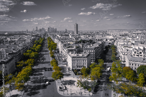 Black, white and green Paris rooftops, streets and buildings