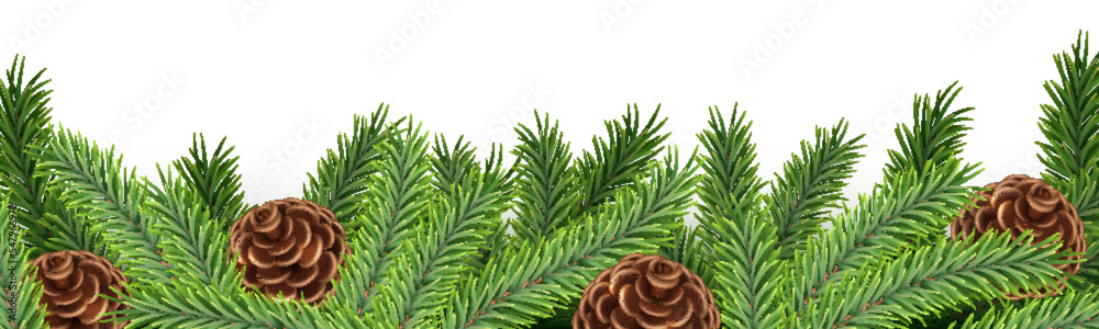 Fototapeta premium Christmas fir tree branch garland with realistic pine cone on white background. Holiday border frame