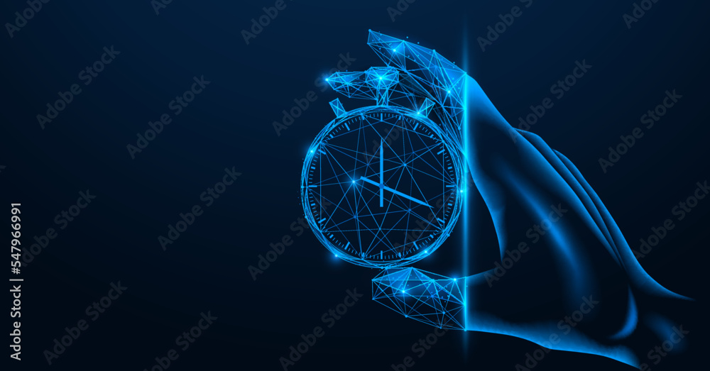 Hand holds stopwatch. Polygonal design of lines and dots. Blue background. Hand holds stopwatch. Polygonal design of lines and dots. Blue background.