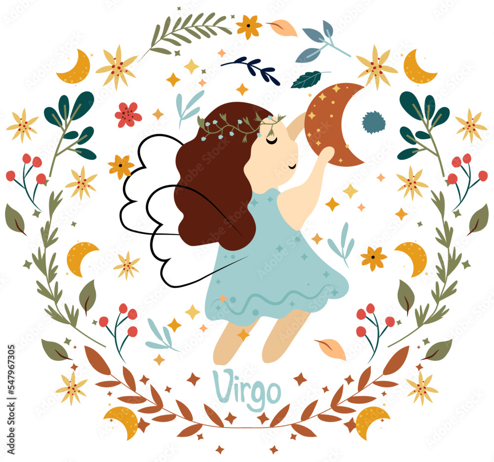 Virgo Zodiac in a colorful wreath of leaves and flowers around. Cute