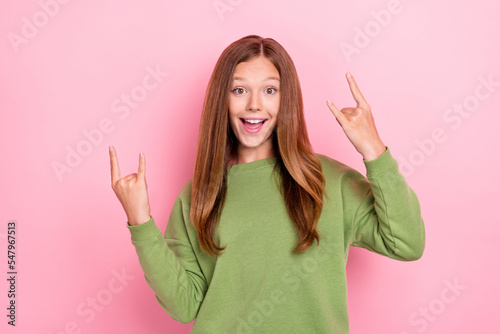 Photo of cheerful positive schoolgirl wear green sweatshirt showing two hard rock gestures isolated pink color background