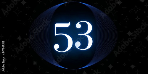 Number 53. Banner with the number fifty three on a black background and white stars with a circle blue in the middle