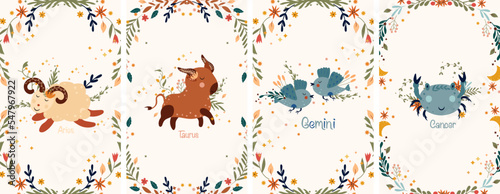 Zodiac Cancer, Gemini, Aries, Taurus with leaves, colorful flowers and stars around. Astrological zodiac Signs perfect for posters, logo, cards. Vector illustration.