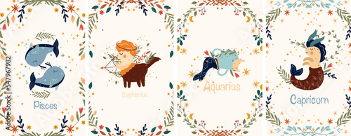 Zodiac Sagittarius, Aquarius, Pisces, Capricorn with leaves, colorful flowers and stars around. Set Astrological zodiac Signs perfect for posters, logo, cards. Vector illustration.