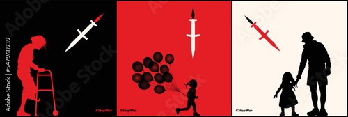 People and cruise missile. Civil victims of war. Anti-war poster set