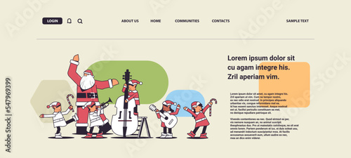 elves with musical instruments santa helpers playing guitar and trumpet happy new year christmas holidays celebration