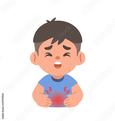 a Asian boy get a stomachache. illustration cartoon character vector design on white background. kid and health care concept.