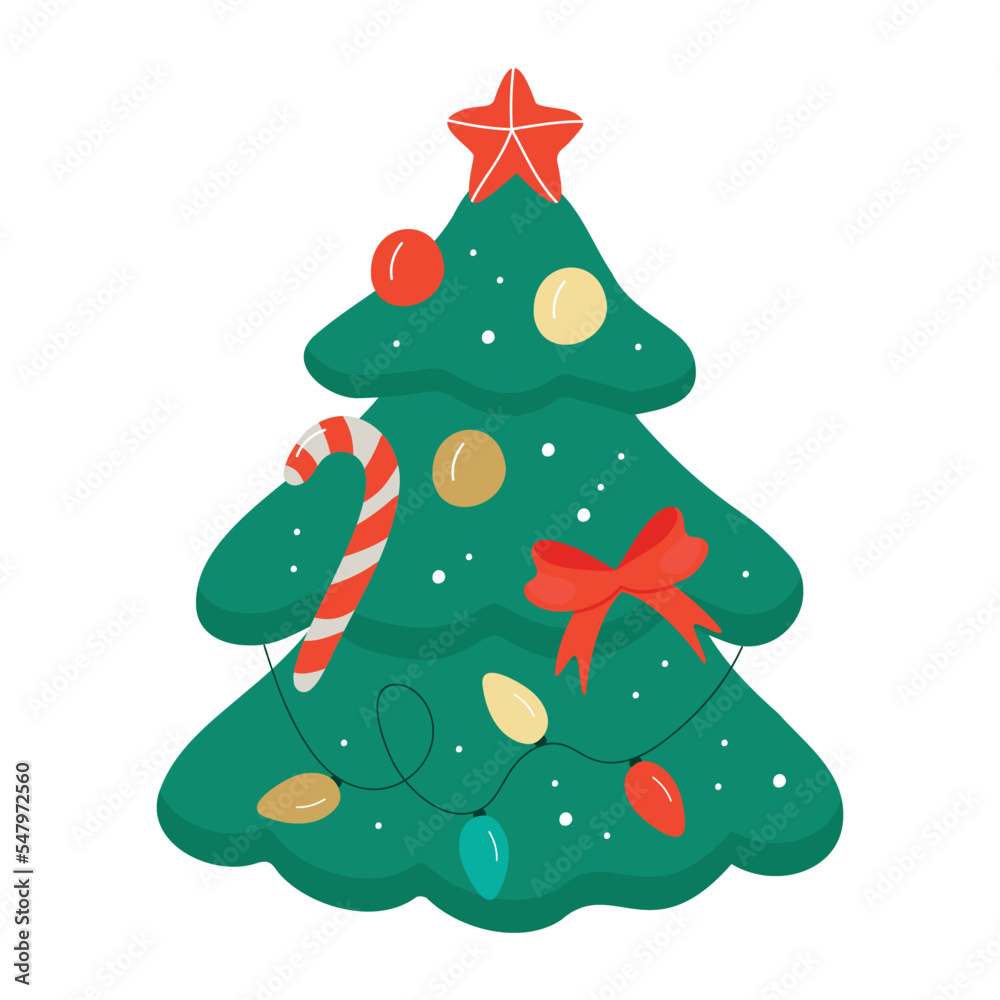 Christmas tree with a star, balloons and lights. A green fir or pine tree decorated with glowing garlands and a red ribbon. Christmas tree with a star, balloons and lights. A green fir or pine tree decorated with glowing garlands and a red ribbon.