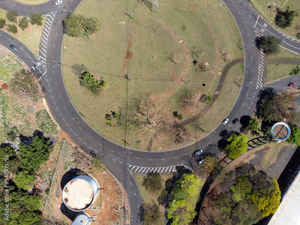 large roundabout perfectly centered in aerial view