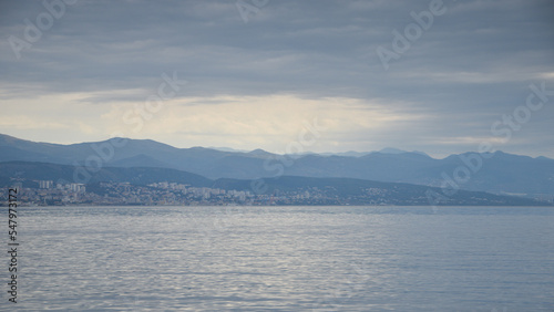 View of the Kvarner Bay with city of Rijeka and mountains in the background.