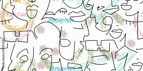 One line drawing. Abstract face seamless pattern.