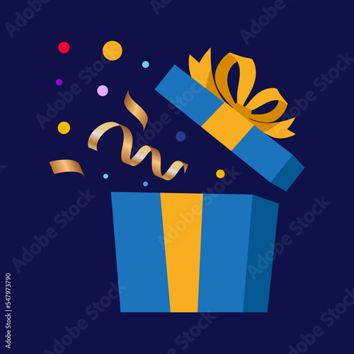 Confetti gift. Box with a bow. Surprise out of the box. Vector illustration on a dark background.
