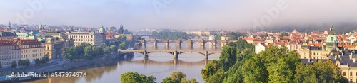 City summer landscape, panorama, banner - top view of the historical center of Prague with the Vltava river and bridges, Czech Republic