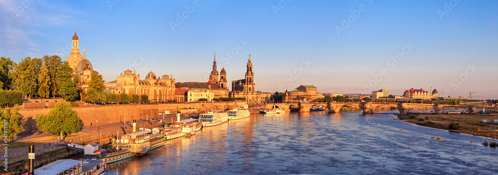 Cityscape, panorama, banner - view of the Bruhl's Terrace is a historic architectural ensemble in Dresden on the banks of the Elbe, Saxony, Germany