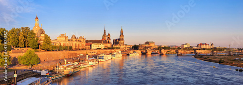 Cityscape, panorama, banner - view of the Bruhl's Terrace is a historic architectural ensemble in Dresden on the banks of the Elbe, Saxony, Germany