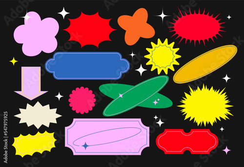 Bright colored splash blank stickers set for sale or price promotion for banner or flyer isolated on black background. Vector illustration