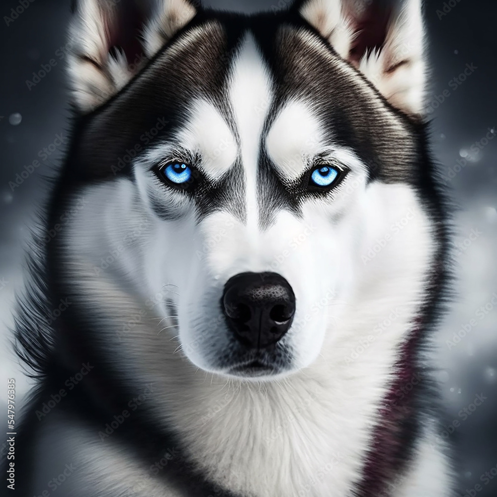 Realistic Siberian Husky Dog Portrait Illustration, Glamour Pet Photo shot Portrait, 3D render, Close up Pedigreed Dog