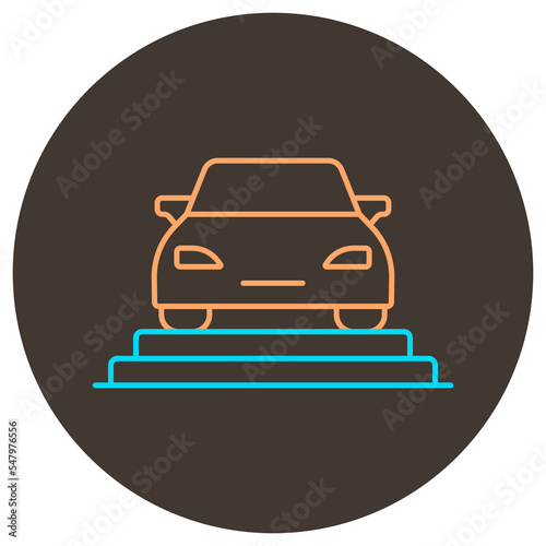 Car on showroom icon outline. Two color icon on round background.