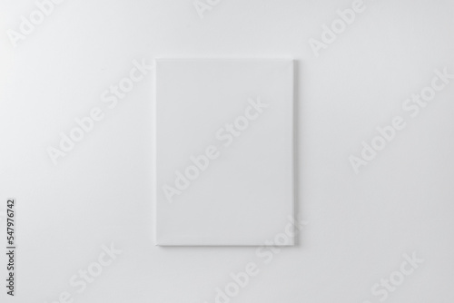 Blank vertical art canvas on wall. Clean surface for mockup, art presentation. Soft light on white wall photo